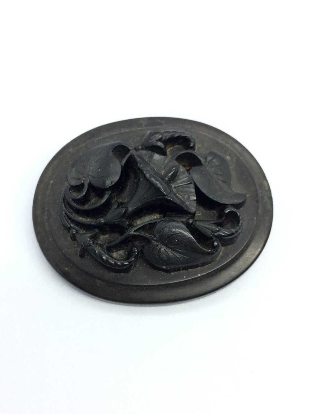 Vintage Black Brooch Carved Floral Morning Glory Flower Oval Pin Mourning Style